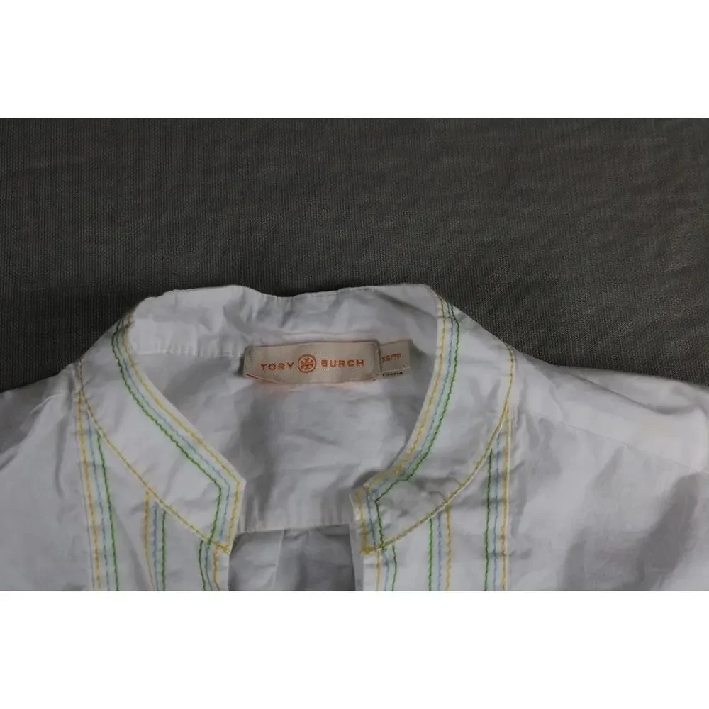 Tory Burch Top Womens Xs White Yellow Green Blue Trim Embroidered Tunic Blouse
